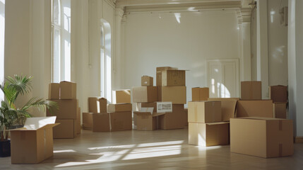 Cardboard boxes of various sizes scattered in an empty room with large windows, hinting at a moving day.
