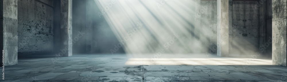 Poster a tranquil, sunlit interior showcasing ethereal light rays filtering through a misty atmosphere in a