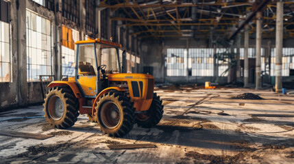 Obraz premium An abandoned tractor stands against the backdrop of a dilapidated factory, evoking a sense of decay and forgotten industrial heritage.