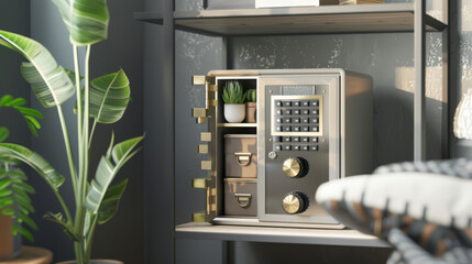 Modern, stylish safe placed on a sophisticated shelf next to a potted plant, in a contemporary living space filled with soft light.