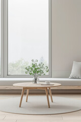 Chic living room interiors designer composition with a modern coffee table in front of a large window. Stylish residential Real Estate conceptual image.