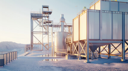 Obraz premium Industrial facility under the soft glow of dawn, with towering structures and intricate machinery.