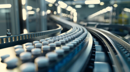 Obraz premium A detailed view of a pharmaceutical manufacturing line, focusing on the orderly movement of pill bottles along a conveyor belt.