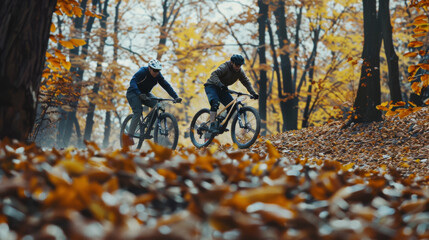 Fototapeta premium Two cyclists ride through a forest adorned with fall foliage, capturing the essence of an adventurous and dynamic outdoor experience.
