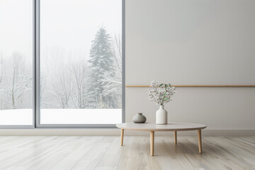 Chic living room interiors designer composition with a modern coffee table in front of a large window. Stylish residential Real Estate conceptual image.
