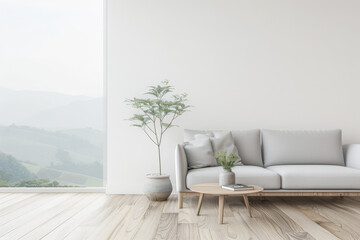 Chic living room interiors designer composition with a modern coffee table in front of a large window. Stylish residential Real Estate conceptual image.