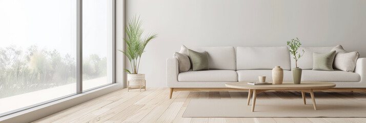 Chic living room interiors designer composition with a modern coffee table in front of a large window. Stylish residential Real Estate conceptual image.