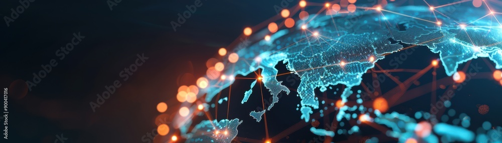 Poster a vibrant digital representation of the earth showcasing connections and data flow across continents