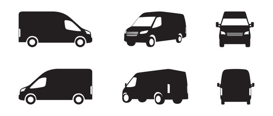 Silhouette vector set of icon vans, front view, side view, back view