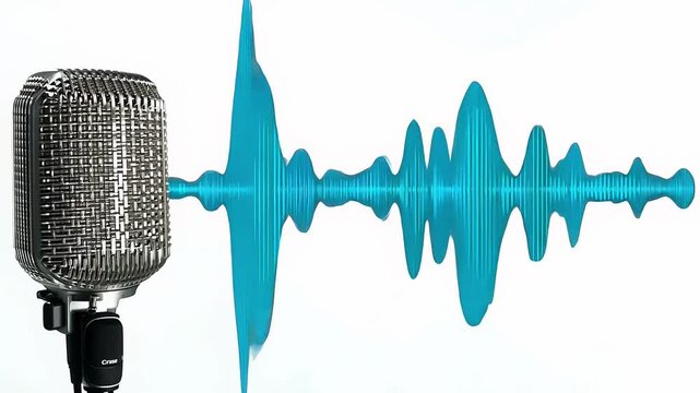 A microphone is shown with a blue waveform behind it. Concept of sound and music, with the microphone being the primary focus