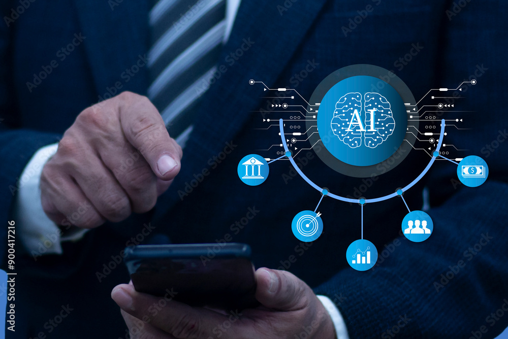 Poster businessman use smartphone with working of artificial intelligence (ai) automation. chatbot, robot a