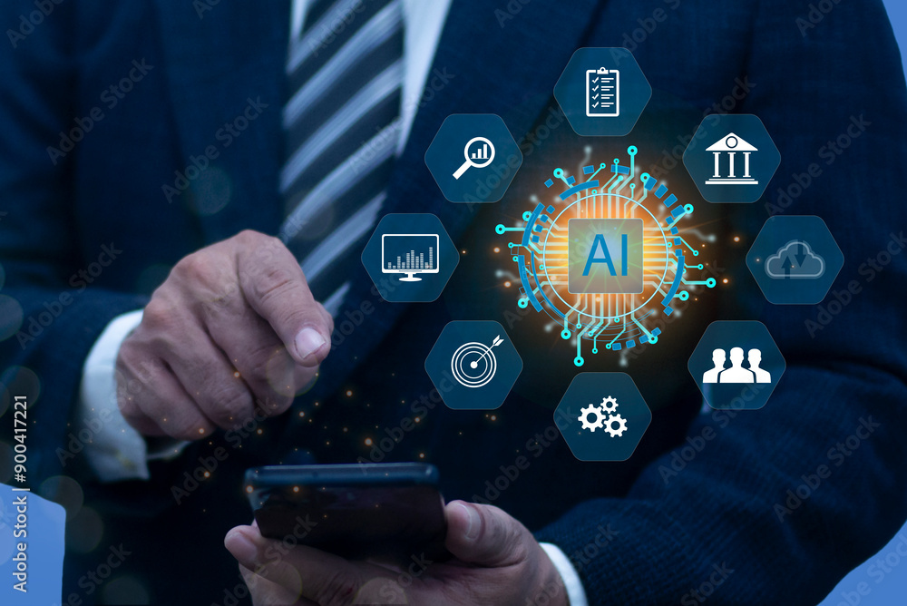Poster businessman use smartphone with working of artificial intelligence (ai) automation. chatbot, robot a