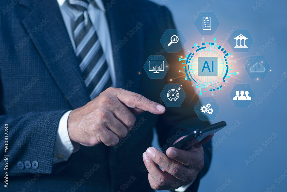Poster businessman use smartphone with working of artificial intelligence (ai) automation. chatbot, robot a