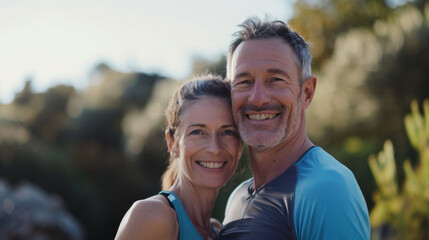 Obraz premium A smiling couple in sportswear embraces outdoors, conveyed in warm sunlight, signifying joy and togetherness.