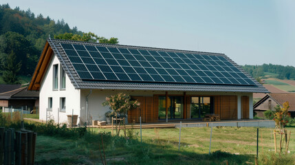 A contemporary house with an extensive array of solar panels on the roof, set against a scenic landscape, promotes sustainable living.