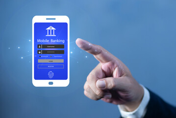 Businessman using mobile online banking and payments, Digital marketing. Digital banking network, internet payment, financial technology or FinTech concept.