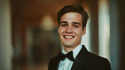 Fototapeta premium A young man in formal attire beams with a warm smile, exuding happiness and confidence, against a soft-focus background of an elegant interior.
