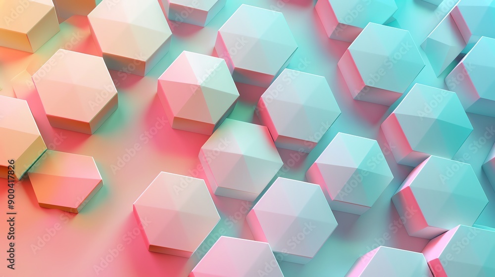 Poster abstract geometric pattern of 3d hexagonal tiles in pink and blue.