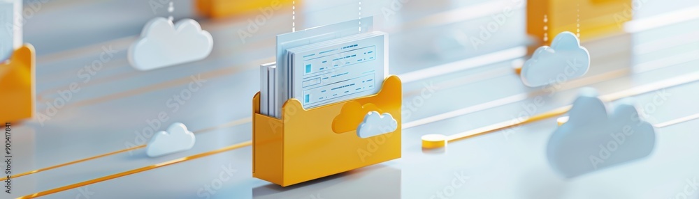 Poster a vibrant illustration of cloud storage with a file box in an abstract digital landscape, symbolizin
