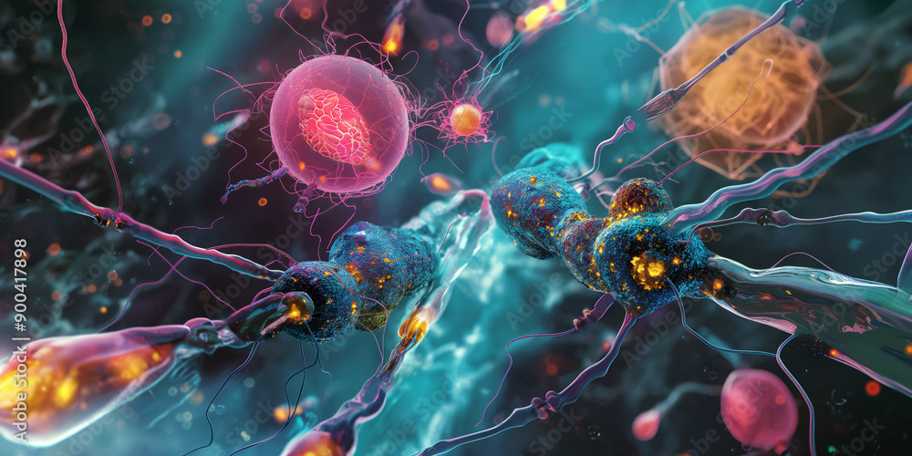 Poster a detailed and colorful illustration of nanorobots enhancing human abilities, depicting tiny robots 