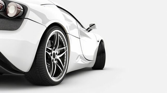 A sleek, white sports car is displayed against a pristine white background, highlighting its aerodynamic design and luxurious details.