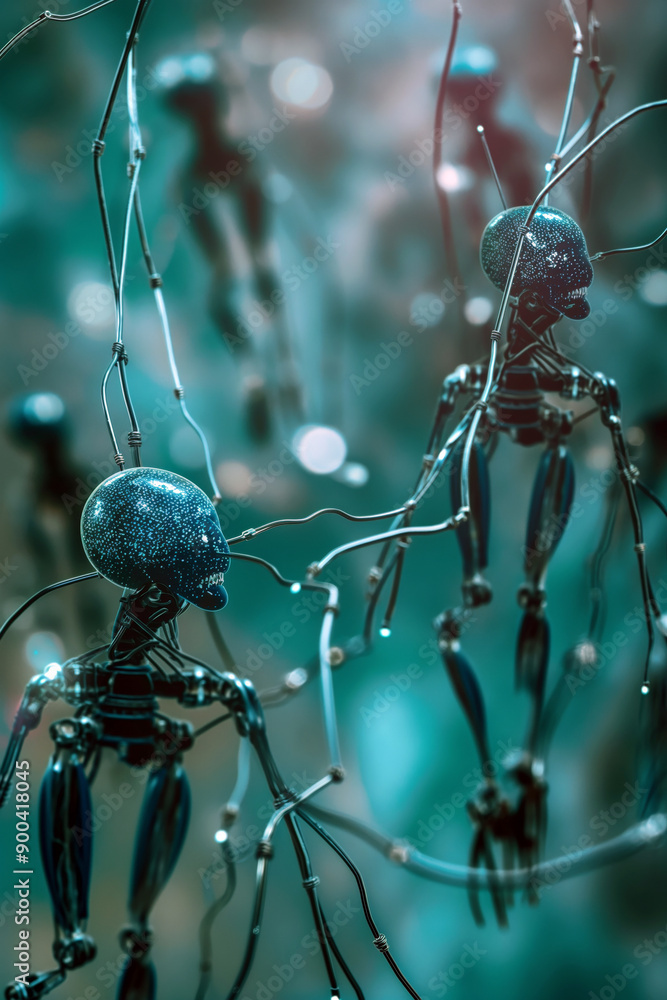 Poster an illustration of nanorobots enhancing human abilities, depicting tiny robots interfacing with neur