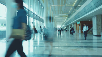 Obraz premium People in motion within a spacious, sunlit modern hallway, reflecting a dynamic, bustling workday atmosphere.