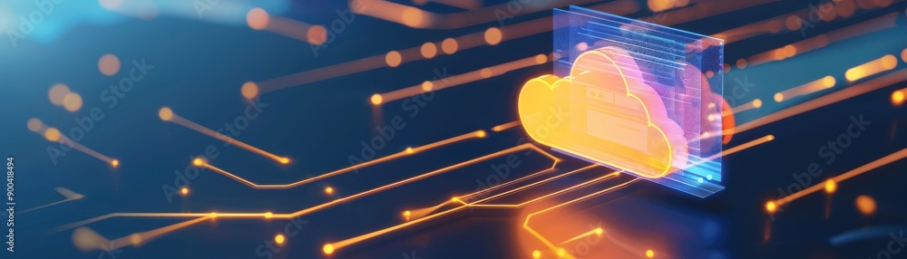 Poster a vibrant representation of cloud technology with digital circuits, symbolizing data transfer and mo