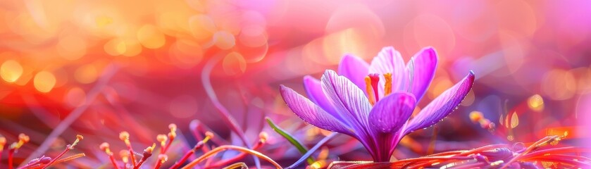 Fototapeta premium A vibrant purple flower blooming in a radiant, colorful background, symbolizing beauty and nature's splendor in spring.