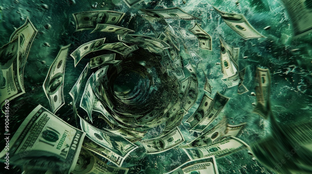 Poster a spectacle of money swirling in a vortex, creating a visual representation of the whirlwind nature 