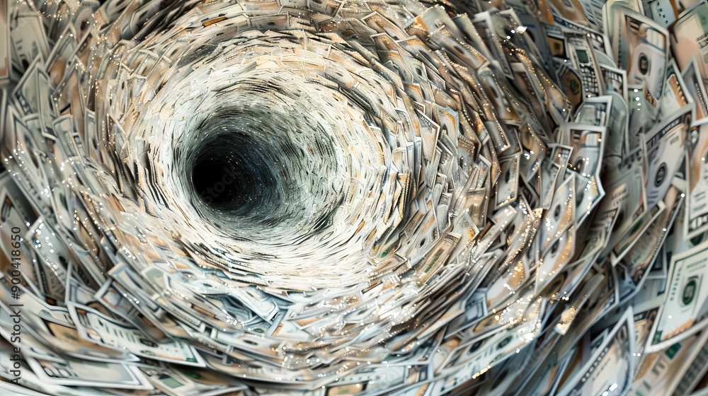 Poster a spectacle of money swirling in a vortex, creating a visual representation of the whirlwind nature 