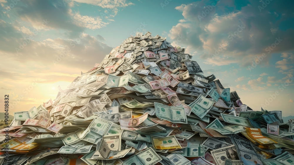 Poster a towering heap of assorted currency notes, creating a mountain of money. the scene evokes a sense o