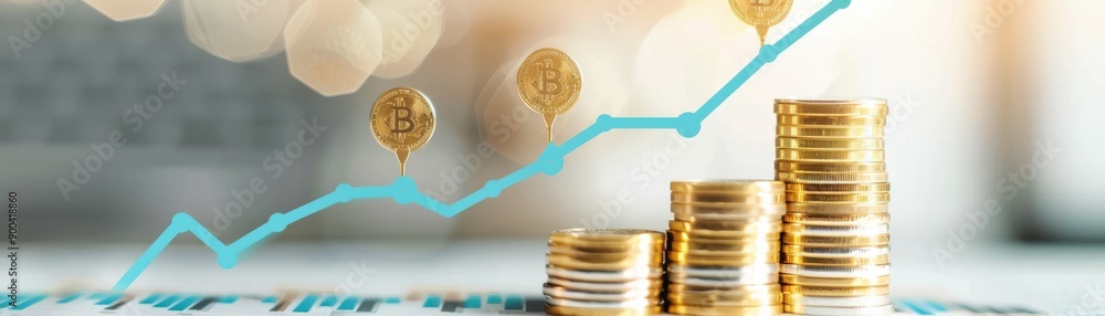 Poster a visual representation of financial growth showcasing stacked coins and a rising graph with digital
