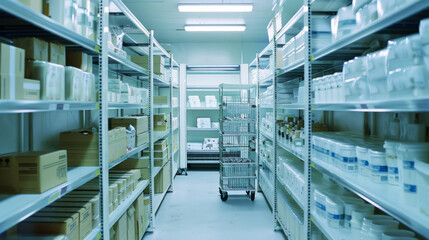 Well-organized storage room with metal shelves stacked with boxes and containers, offering a glimpse into a pristine inventory system.