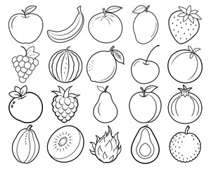 Fruits coloring page set, fruits coloring book page digital art, fruits line art