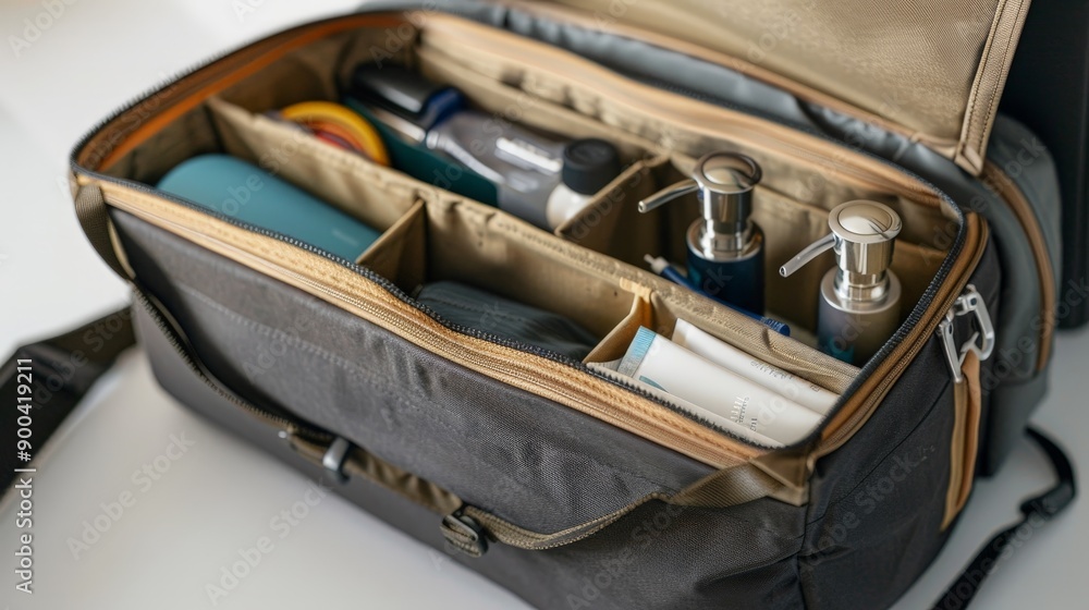 Poster a travel bag with a built-in toiletry compartment is displayed open, highlighting its organization. 