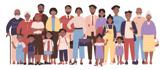 Happy big family standing together. Fun portrait of children and parents, grandparents. Reunion of relatives, mother and father, grandmother and grandfather, kids and teens cartoon vector illustration