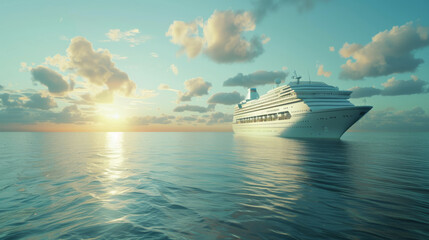 A magnificent cruise ship sails over calm waters at sunrise, with the soft golden light illuminating the sea and sky.
