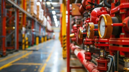 Fototapeta premium A warehouse equipped with advanced fire suppression systems and safety protocols. The commitment to safety and preparedness ensures the protection of both workers and inventory in case of emergencies.