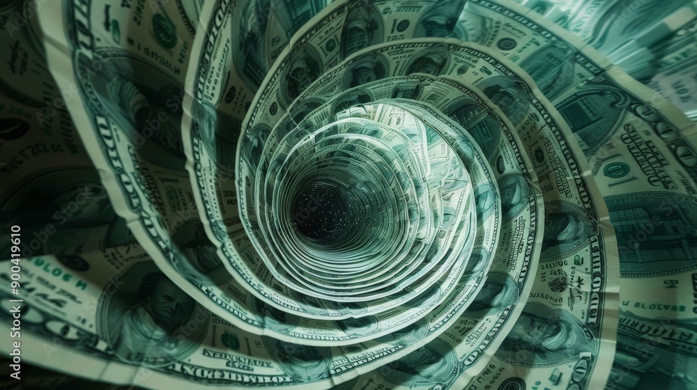 Poster a whirlwind of bills swirling around a central point, creating a mesmerizing pattern of wealth in mo