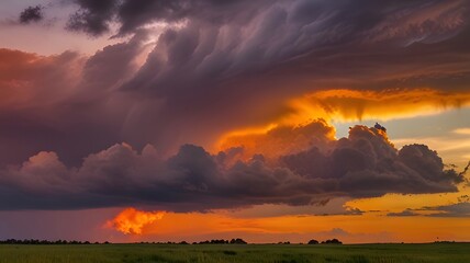 The sky transitioning from stormy to calm, with vibrant sunset colors blending into the remnants of dark clouds, casting a warm, golden light.