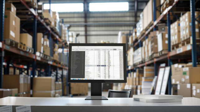 A modern warehouse with tall shelves packed with boxes, focusing on a central computer screen displaying inventory software.