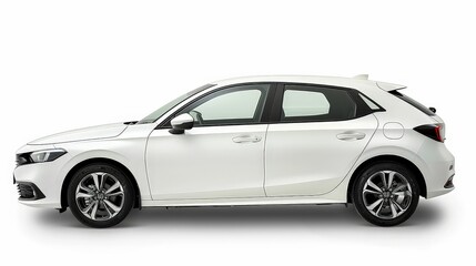 Fototapeta premium A white compact hatchback, displayed against a white background, showcasing its practicality and modern styling.