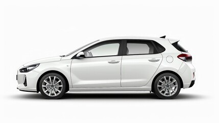 A white compact hatchback, displayed against a white background, showcasing its practicality and modern styling.