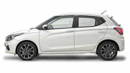 Fototapeta premium A white compact hatchback, displayed against a white background, showcasing its practicality and modern styling.