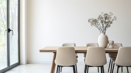 Obraz premium Luxury living room interiors with a dining table next to a window filling the room with natural lighting. Chic residential Real Estate interiors.