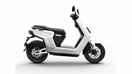 A white electric scooter, set against a white background, highlighting its sleek design and urban appeal.