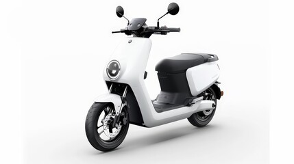 A white electric scooter, set against a white background, highlighting its sleek design and urban appeal.
