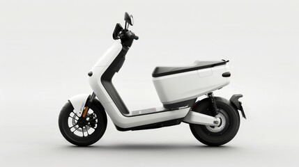 Fototapeta premium A white electric scooter, set against a white background, highlighting its sleek design and urban appeal.