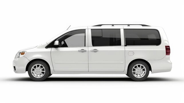 A white family minivan, set against a white background, highlighting its spaciousness and family-friendly design.